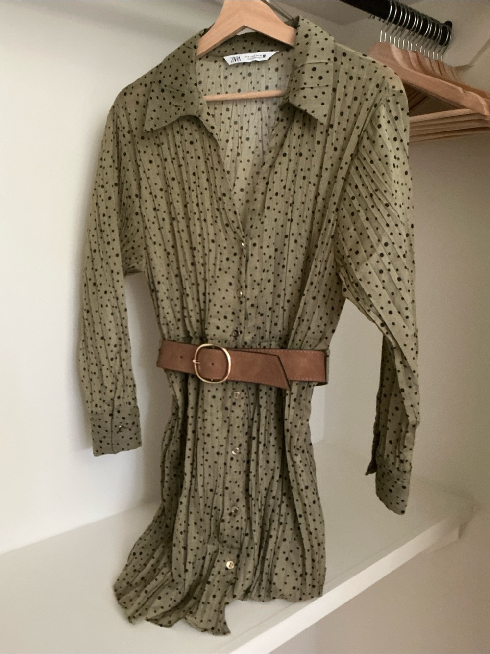 Zara Olive Green Black dot Printed Mini Dress with Tan Belt NWOT